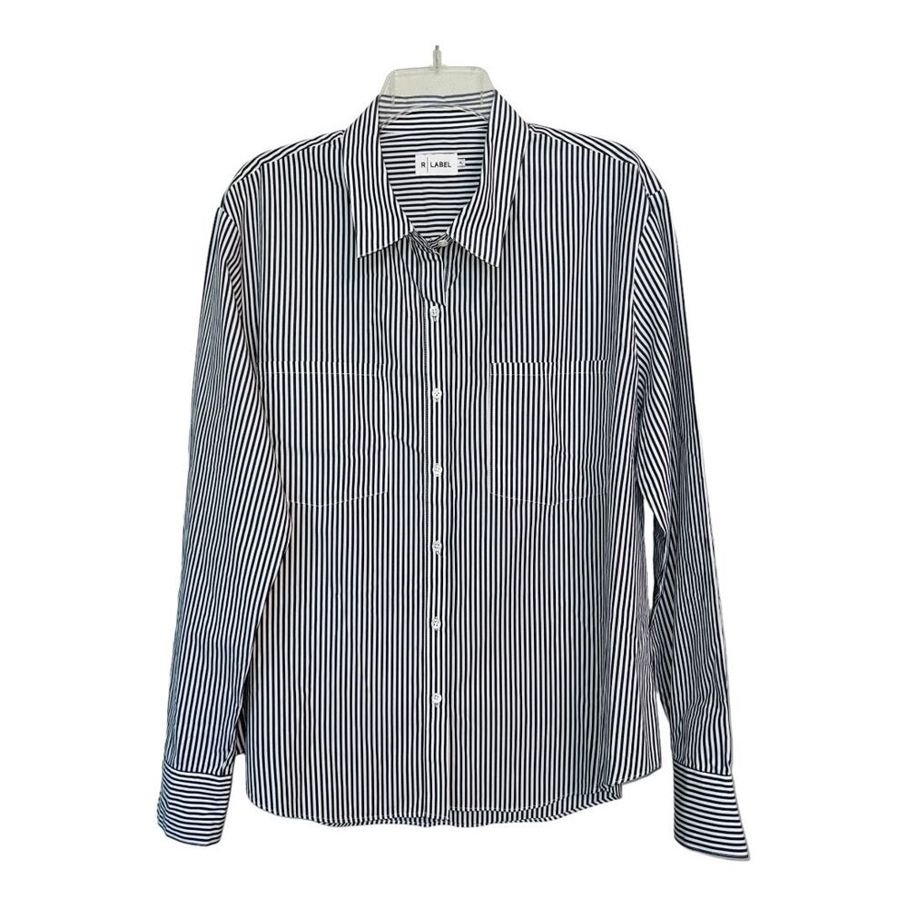 The Reset R Label Classic Button Front Cotton Navy Blue White Stripe Shirt XL